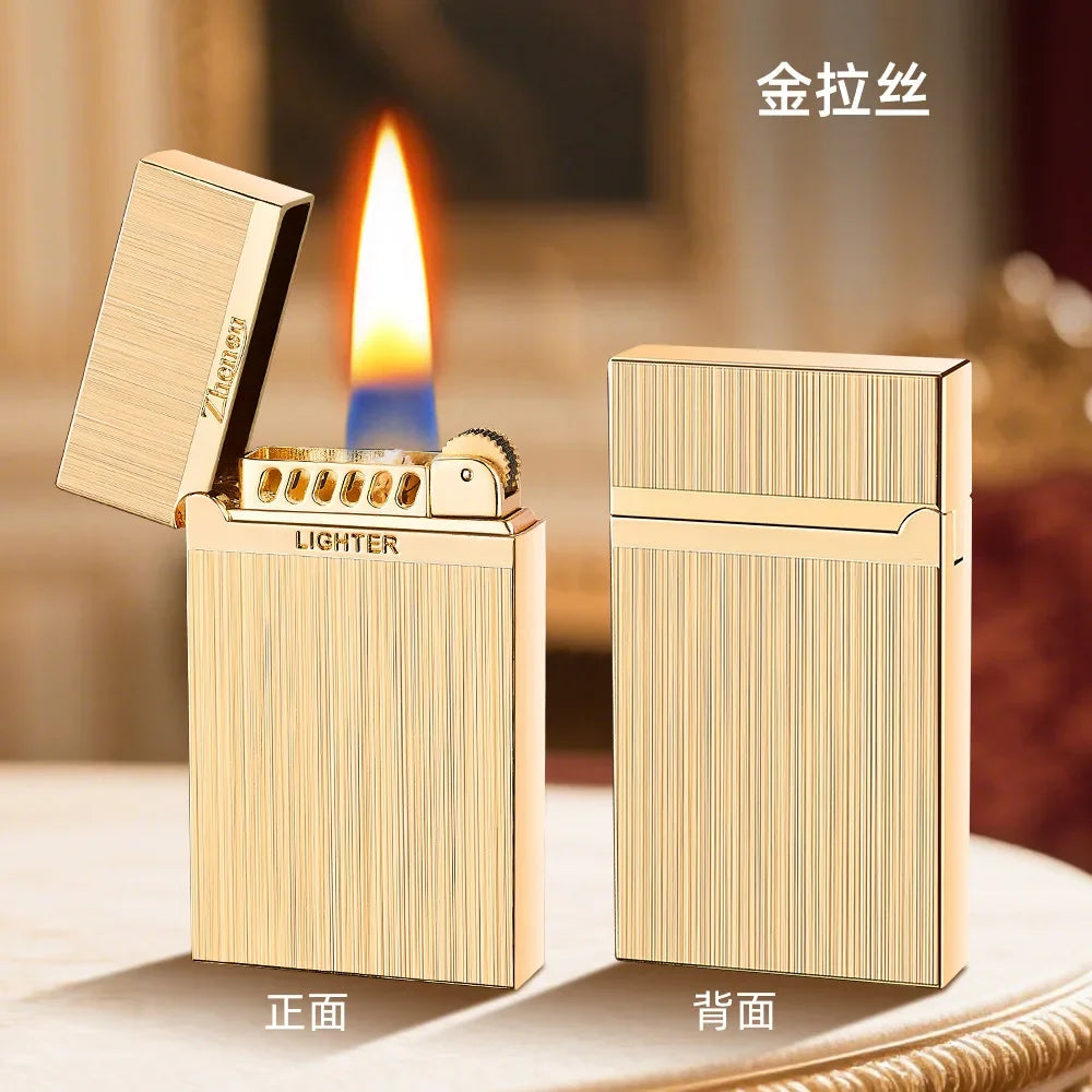 Ultrathin Unusual Metal Grinding Wheel Gasoline Kerosene Lighter High-grade Windproof Smoking Accessories Gadgets for Men