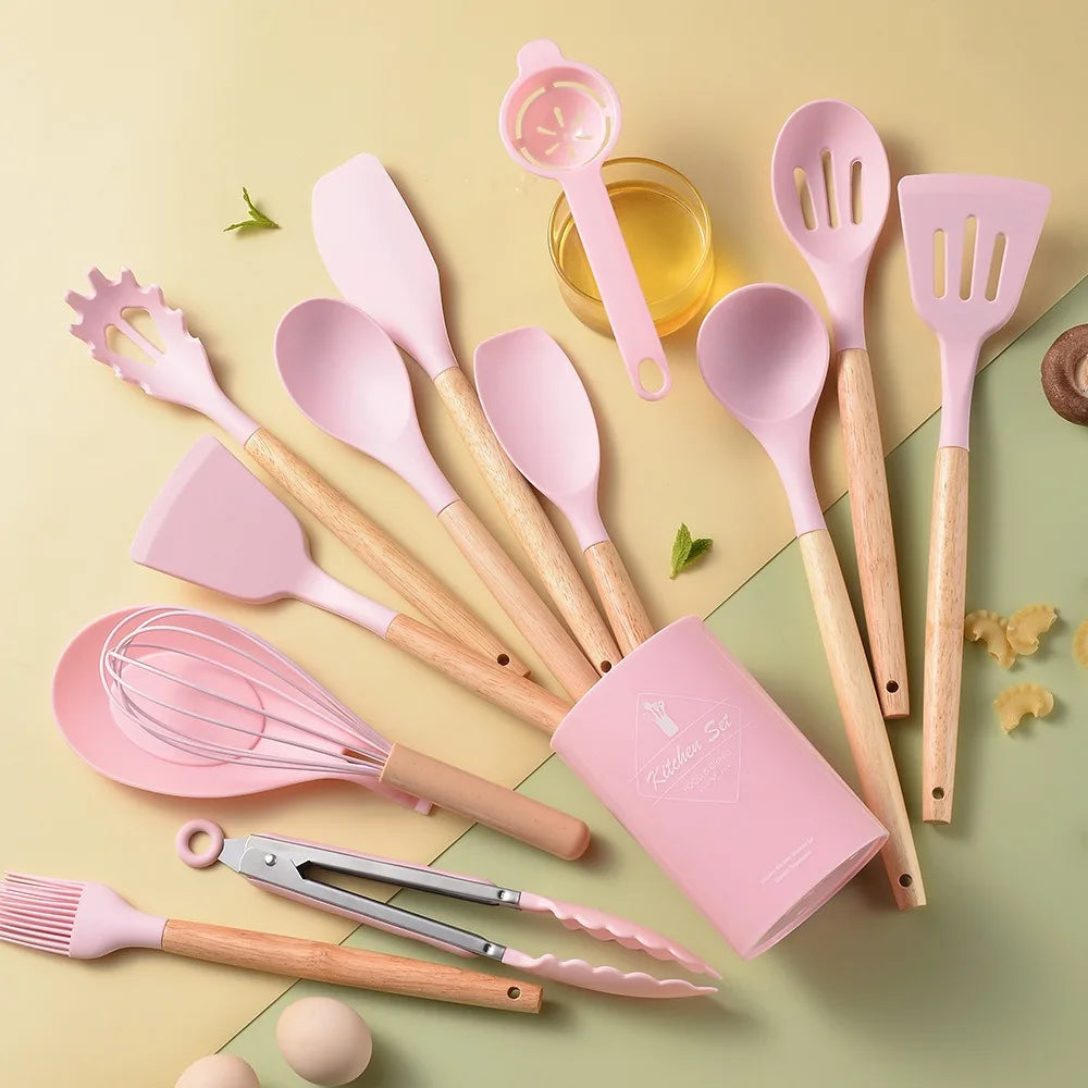 12Pcs/Set Heat-Resistant Kitchen Utensils Set Multi-functional Save Space Silicone Kitchenware Set Eco-Friendly