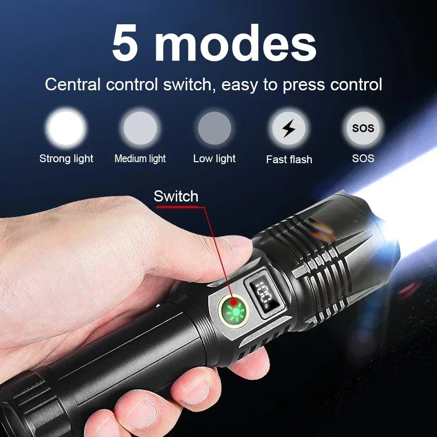 5000Lumen P90 LED Zoom Powerful Flashlight USB Rechargeable High Power Outdoor Patrol Camping Hunting Hiking Strong light Torch
