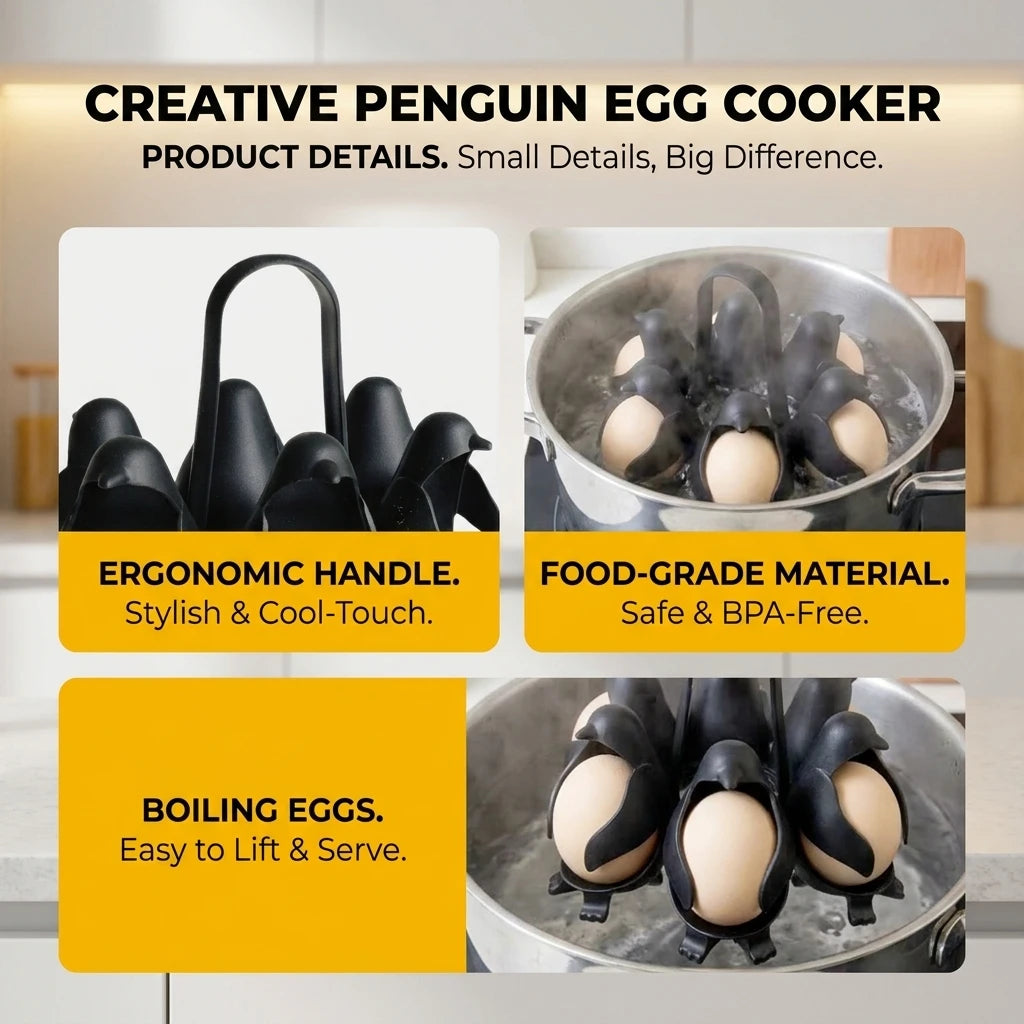 Cute Penguin Shape 6-Egg Cooker & Storage Tray Heat Resistant Egg Container for Kitchen Refrigerator Use