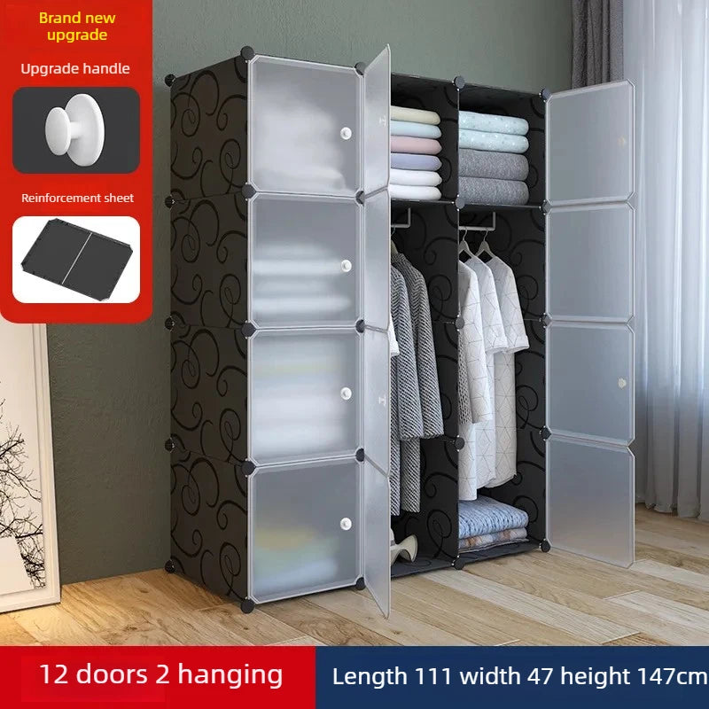 Modular Wardrobe Closet Portable Clothes Organizer PP Resin Storage Cabinet with Hanging Rods Shoe Rack for Bedroom