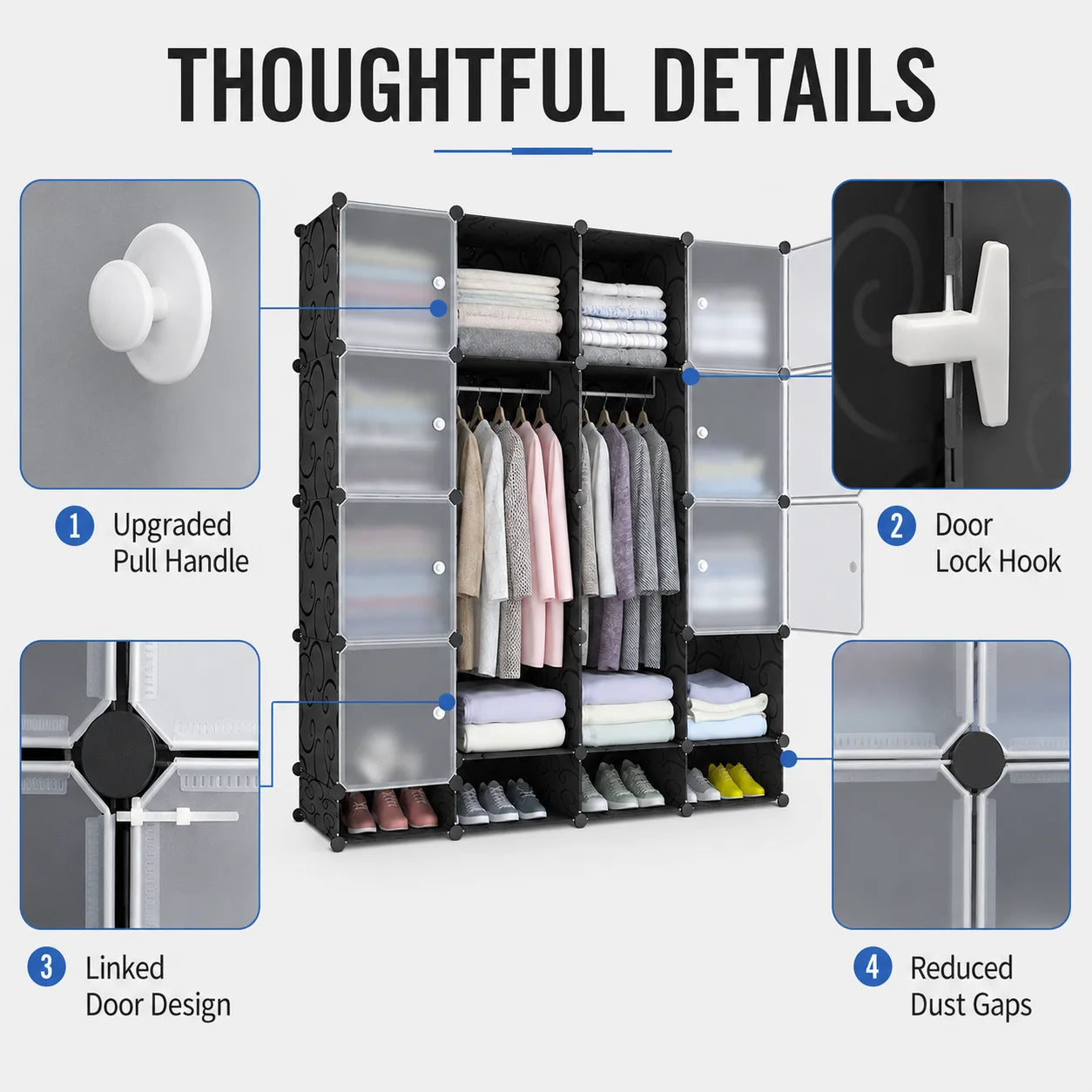 Modular Wardrobe Closet Portable Clothes Organizer PP Resin Storage Cabinet with Hanging Rods Shoe Rack for Bedroom