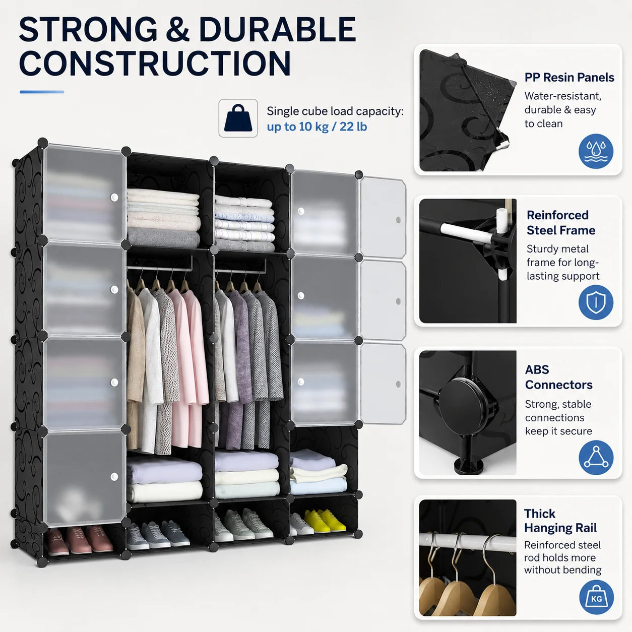 Modular Wardrobe Closet Portable Clothes Organizer PP Resin Storage Cabinet with Hanging Rods Shoe Rack for Bedroom