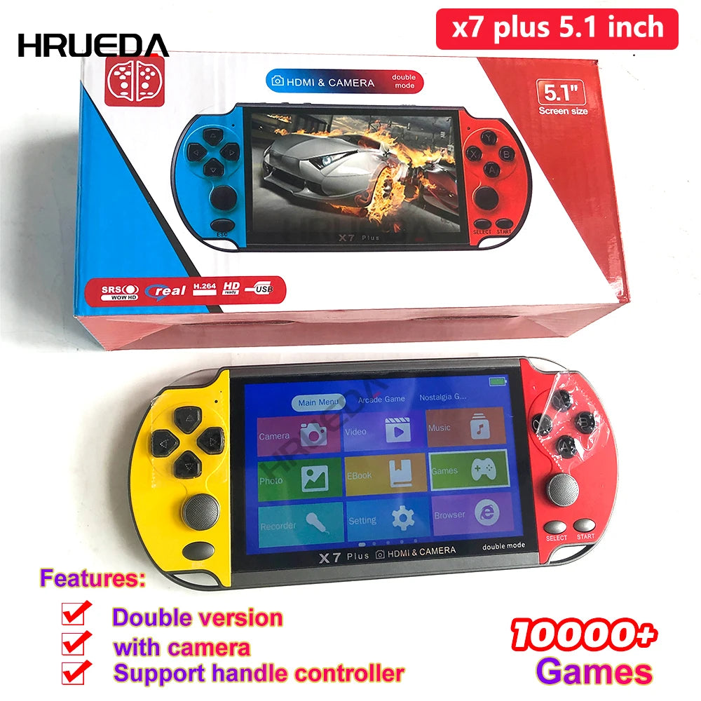 X7 plus 5.1 Inch double mode Handheld Video Game Console Dual Joystick Mini Portable Game Console Built-in 10000 Classic Free Ga