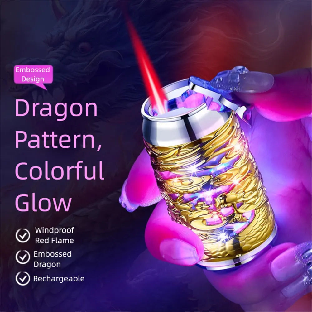 Windproof Straight Red Flame Butane Inflatable Lighter 3D Relief Dragons Lighter with Colorful Light