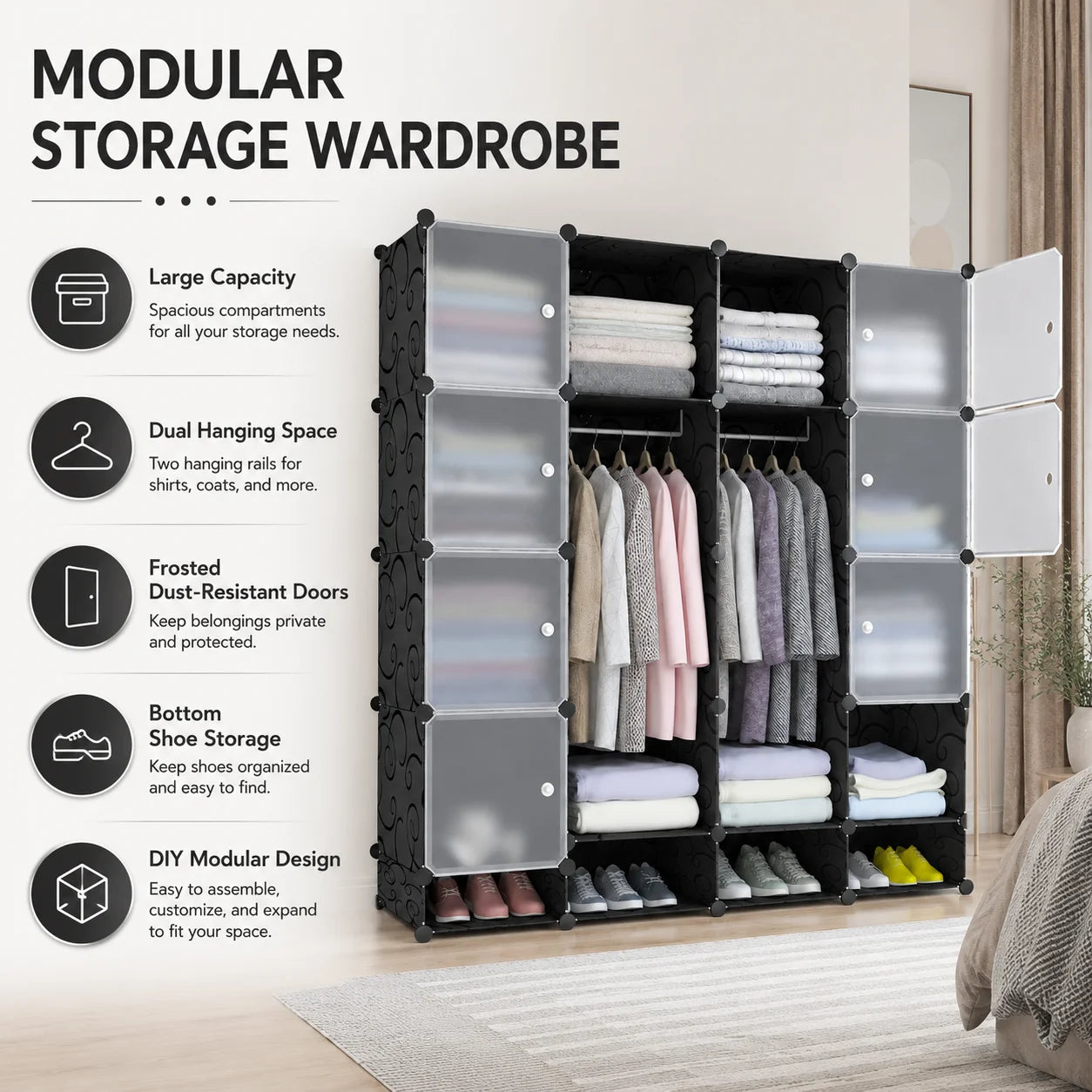 Modular Wardrobe Closet Portable Clothes Organizer PP Resin Storage Cabinet with Hanging Rods Shoe Rack for Bedroom