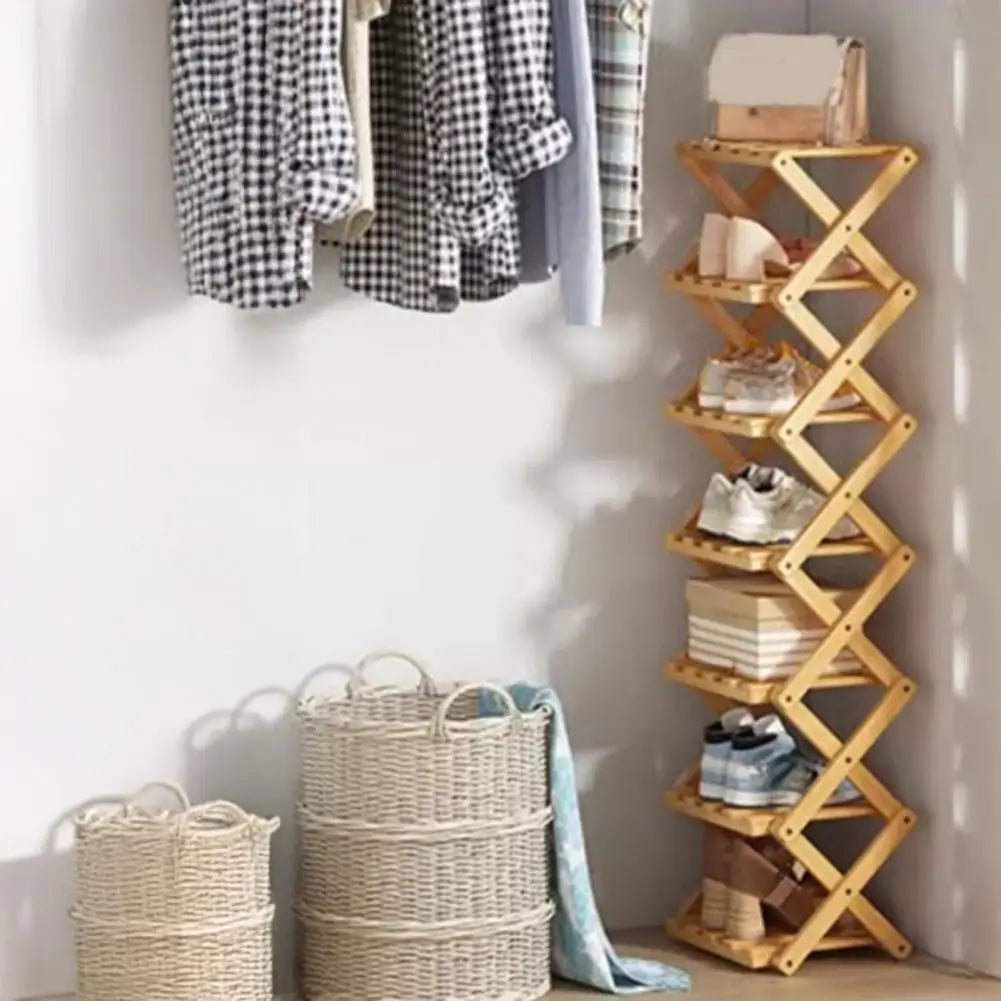 Multi-Tier No-Assembly Shoe Rack Foldable Narrow Bamboo Shoe Shelf Space-Saving Corner Shoe Organizer for Entryway Closet Dorm