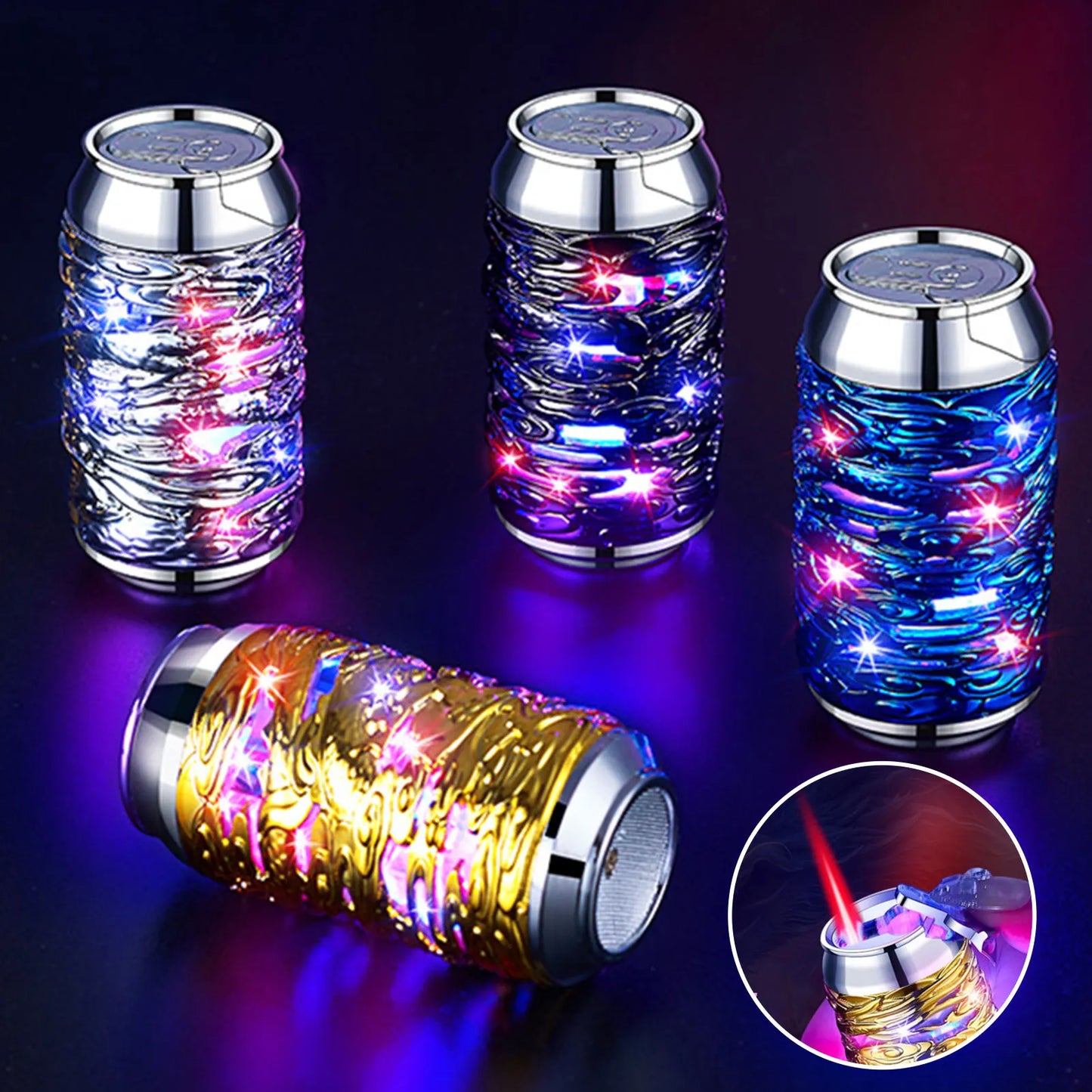 Windproof Straight Red Flame Butane Inflatable Lighter 3D Relief Dragons Lighter with Colorful Light