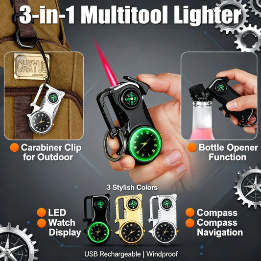 5-in-1 Lighter - Compass Keychain, Watch, Bottle Opener, Windproof Red Flame Butane, Inflatable Outdoor Multi-Function Tool