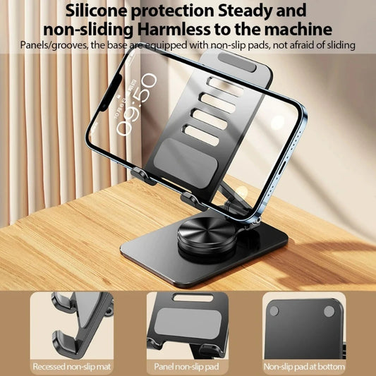 Portable rotating metal phone tablet holder, universal folding desktop height phone holder, lazy person holder