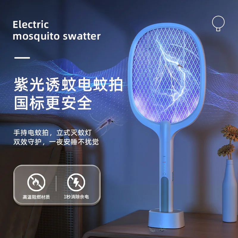 Rechargeable Electric Mosquito Swatter With UV Light, 2-in-1 Bug Zapper Racket For Home, USB Type-C Charging Base