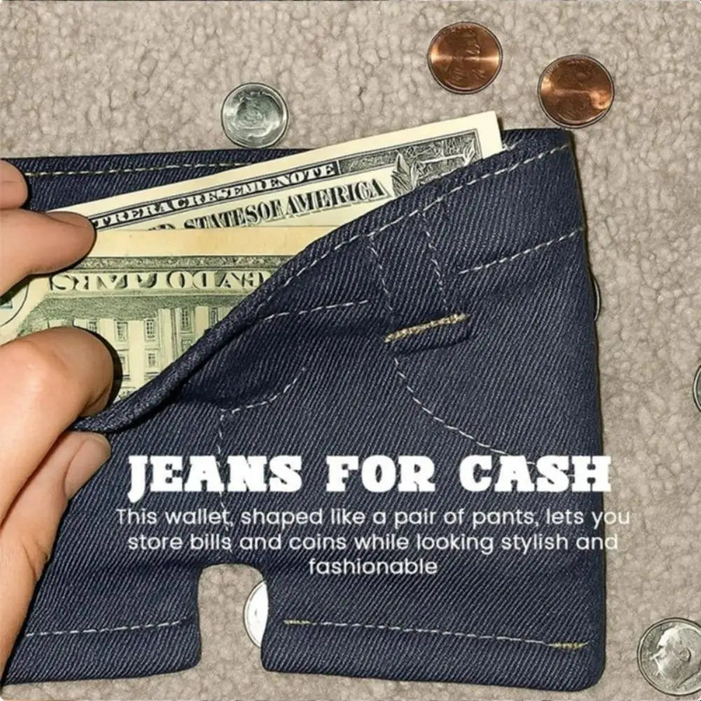 Mini Jeans Shaped Wallet Retro Denim Pants Style Foldable Coin Purse Card Holder Portable Small Cool Multi-functional Purse