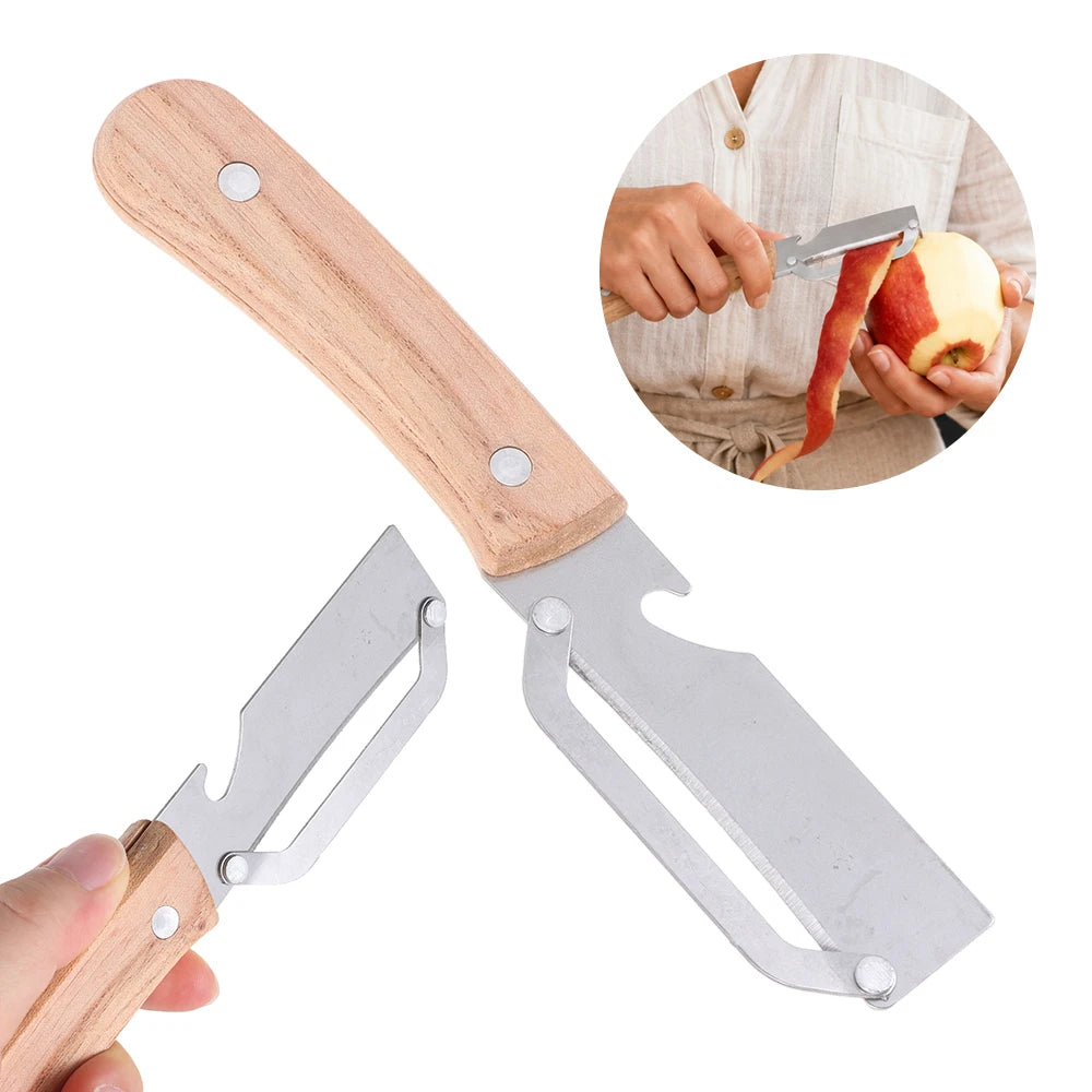 Multi-Functional Vegetable Peeler with Wooden Handle and Bottle Opener Stainless Steel Kitchen Peeler Peeling Tool