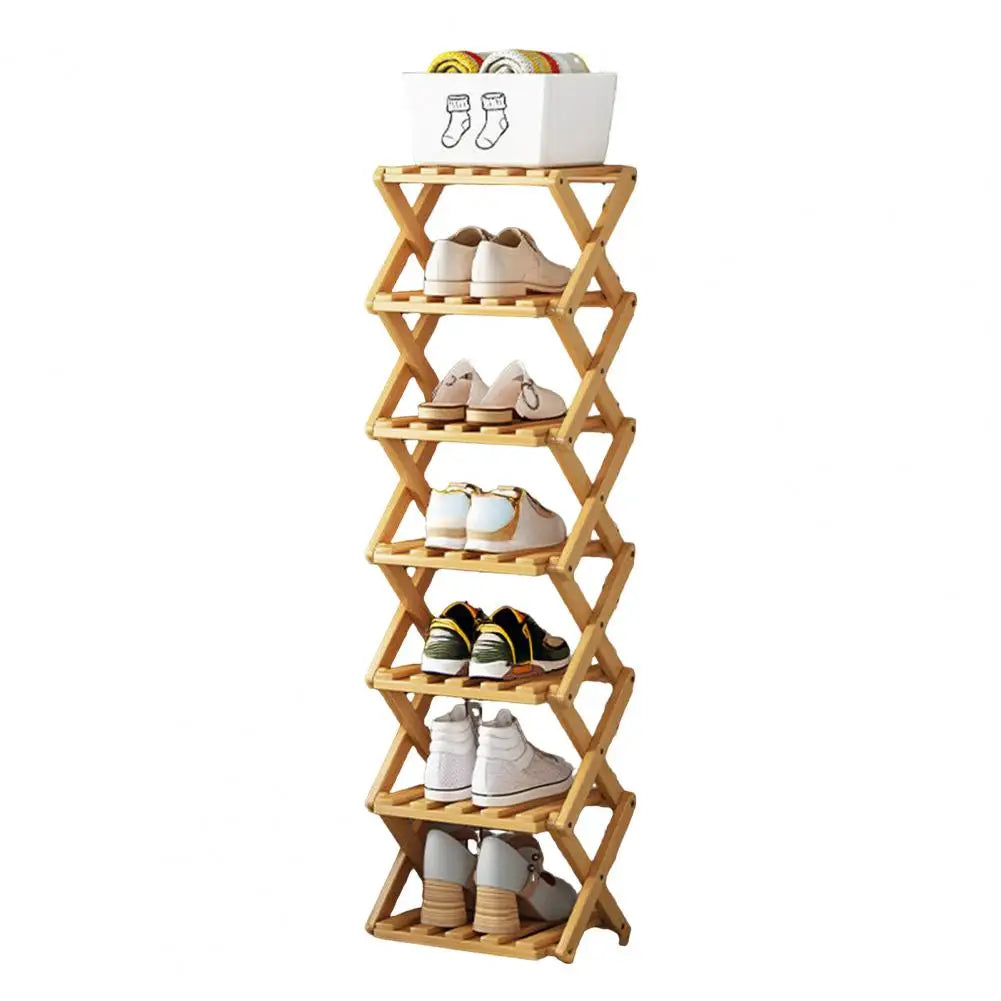 Multi-Tier No-Assembly Shoe Rack Foldable Narrow Bamboo Shoe Shelf Space-Saving Corner Shoe Organizer for Entryway Closet Dorm