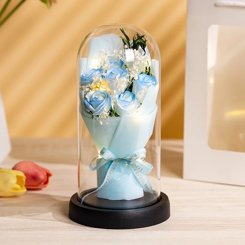 Mother'S Day Rose Glass Cover Plastics Led Glass Dome Bouquet Glass Covered Roses For Birthday