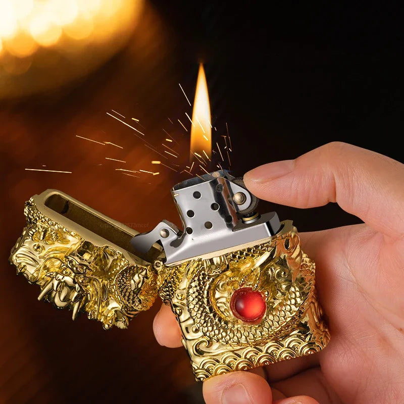 2026 New Creative High-end Heavy Armored Dragon Metal Relief Grinding Wheel Kerosene Lighter Cigarette Accessories Tool Gift