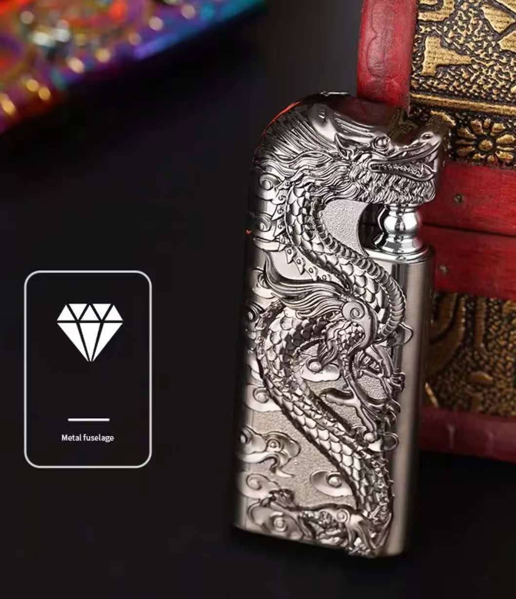 New dual-flame direct-fire convertible open flame metal gas lighter with 3D embossed dragon design