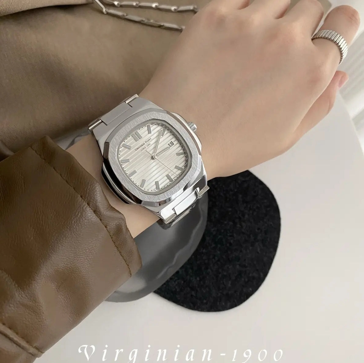 [Virginian1900] Square Nautilus Calendar Luminous Steel Band Quartz Waterproof Genuine Fashion Men's Watch