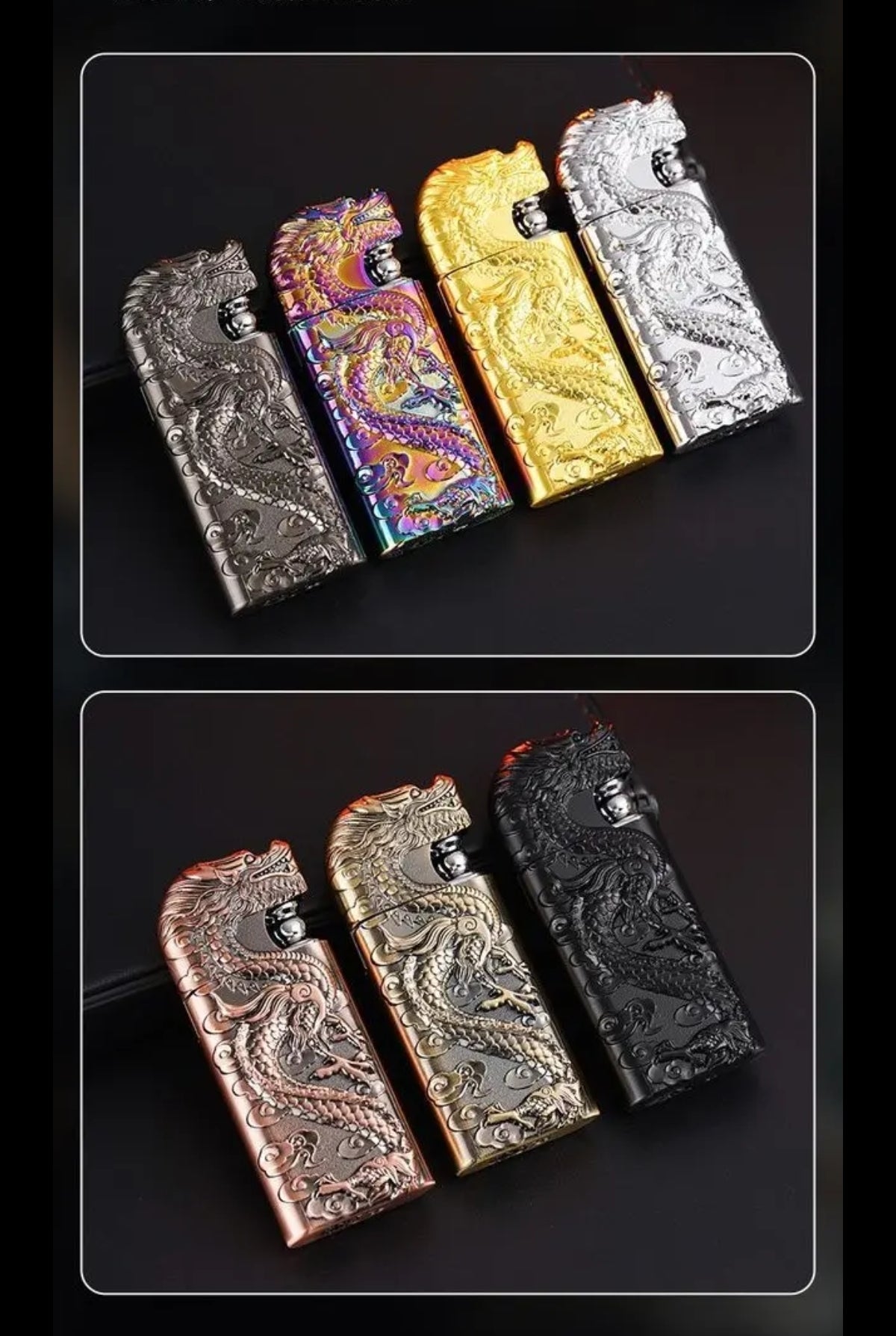 New dual-flame direct-fire convertible open flame metal gas lighter with 3D embossed dragon design